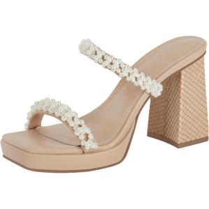 Coutgo Women’s Pearl Sandals Platform Chunky High Heels Square Open Toe Strappy Slip On Slides(Khaki)
