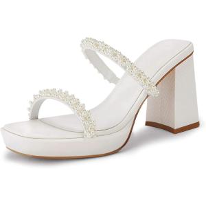 Coutgo Women’s Pearl Sandals Platform Chunky High Heels Square Open Toe Strappy Slip On Slides(White)