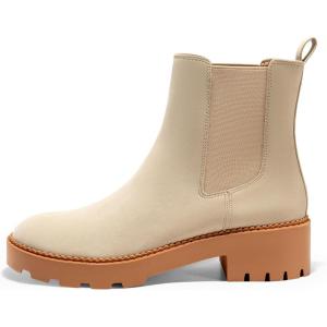 Coutgo Womens Platform Chunky Low Heel Slip on Chelsea Boots Suede Elastic Ankle Boots(Beige)