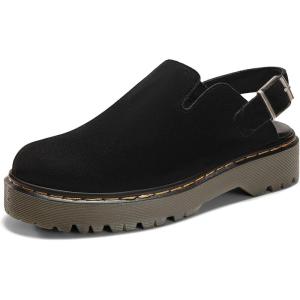 Coutgo Women’s Platform Clogs Adjustable Strap Slingback Mules Suede Leather Closed Toe Slip on Shoes(Black)