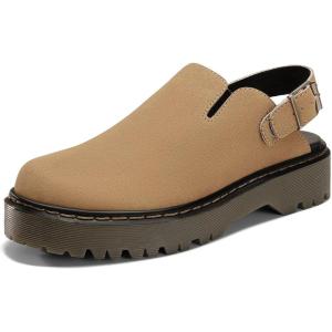 Coutgo Women’s Platform Clogs Adjustable Strap Slingback Mules Suede Leather Closed Toe Slip on Shoes(Khaki)