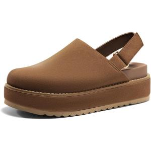 Coutgo Women’s Platform Clogs Adjustable Strap Slip on Mules Shoes Comfortable Fall Sandals(Dark Brown)