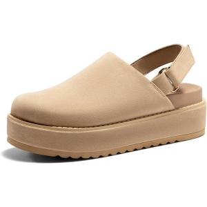 Coutgo Women’s Platform Clogs Adjustable Strap Slip on Mules Shoes Comfortable Fall Sandals(Khaki)