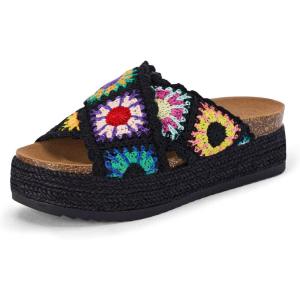 Coutgo Womens Platform Espadrille Sandals Flatform Floral Crochet Cork Open Toe Summer Beach Slide Sandals(Black)
