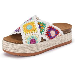 Coutgo Womens Platform Espadrille Sandals Flatform Floral Crochet Cork Open Toe Summer Beach Slide Sandals(White)