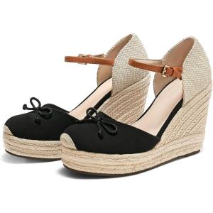 Coutgo Womens Platform Espadrilles Wedge Sandals Closed Cap Toe Bow Tie Ankle Buckle Strap Summer Dress Shoes(Black)