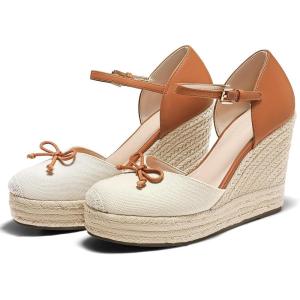 Coutgo Womens Platform Espadrilles Wedge Sandals Closed Cap Toe Bow Tie Ankle Buckle Strap Summer Dress Shoes(Nude)