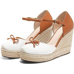 Coutgo Womens Platform Espadrilles Wedge Sandals Closed Cap Toe Bow Tie Ankle Buckle Strap Summer Dress Shoes(White)