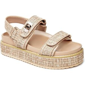 Coutgo Womens Platform Sandals Comfortable Flat Sandals Double Strap Footbed Summer Beach Sandals(Coffee-natural Raffia)