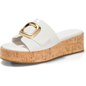 Coutgo Womens Platform Sandals Cork Beach Slip on Wedges Metal Buckle Slides Open Toe Summer Shoes(White)