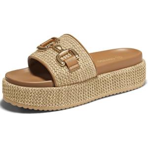 Coutgo Womens Platform Sandals Raffia Espadrilles Metal Chain Slip on Open Toe Cute Beach Slide Sandals(Apricot)