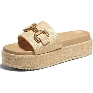 Coutgo Womens Platform Sandals Raffia Espadrilles Metal Chain Slip on Open Toe Cute Beach Slide Sandals(Beige)