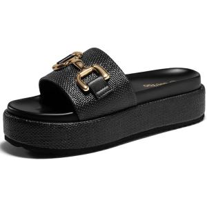 Coutgo Womens Platform Sandals Raffia Espadrilles Metal Chain Slip on Open Toe Cute Beach Slide Sandals(Black)