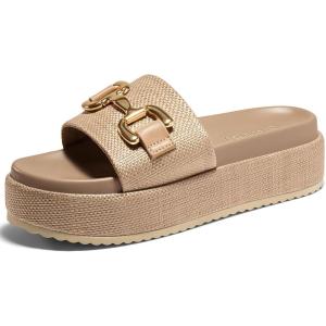 Coutgo Womens Platform Sandals Raffia Espadrilles Metal Chain Slip on Open Toe Cute Beach Slide Sandals(Coffee)