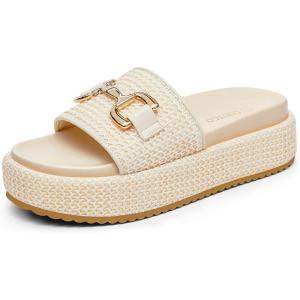 Coutgo Womens Platform Sandals Raffia Espadrilles Metal Chain Slip on Open Toe Cute Beach Slide Sandals(Cream White)