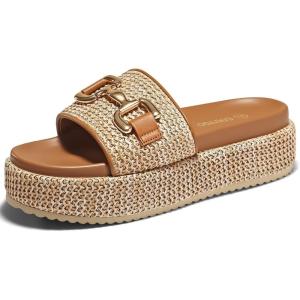 Coutgo Womens Platform Sandals Raffia Espadrilles Metal Chain Slip on Open Toe Cute Beach Slide Sandals(Khaki)