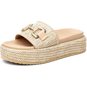Coutgo Womens Platform Sandals Raffia Espadrilles Metal Chain Slip on Open Toe Cute Beach Slide Sandals(Light Brown)