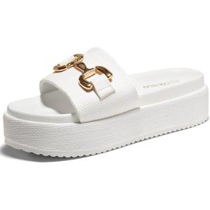 Coutgo Womens Platform Sandals Raffia Espadrilles Metal Chain Slip on Open Toe Cute Beach Slide Sandals(White)