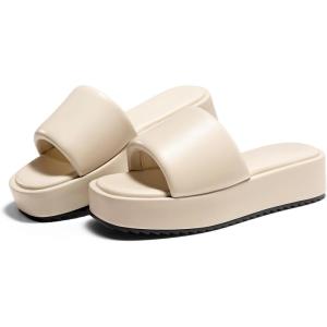 Coutgo Womens Platform Sandals Raffia Espadrilles Slip on Open Toe Cute Boho Summer Beach Slide Sandals(Beige Pu)