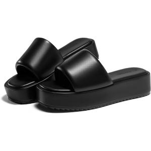 Coutgo Womens Platform Sandals Raffia Espadrilles Slip on Open Toe Cute Boho Summer Beach Slide Sandals(Black Pu)