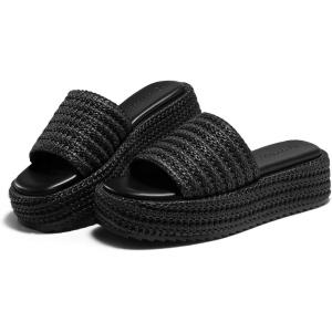 Coutgo Womens Platform Sandals Raffia Espadrilles Slip on Open Toe Cute Boho Summer Beach Slide Sandals(Black Raffia)