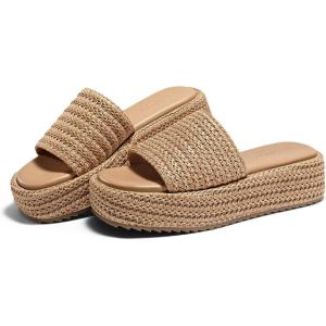 Coutgo Womens Platform Sandals Raffia Espadrilles Slip on Open Toe Cute Boho Summer Beach Slide Sandals(Coffee Raffia)