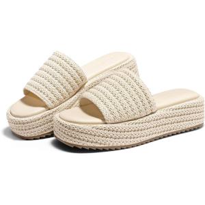 Coutgo Womens Platform Sandals Raffia Espadrilles Slip on Open Toe Cute Boho Summer Beach Slide Sandals(Off White Raffia)
