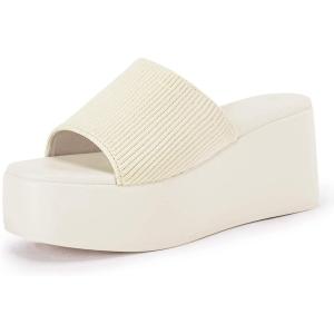 Coutgo Womens Platform Slides Sandals Square Open Toe Slip On Elastic Band Casual Lightweight Wedge Shoes(Beige)