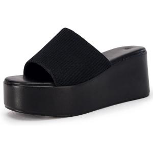 Coutgo Womens Platform Slides Sandals Square Open Toe Slip On Elastic Band Casual Lightweight Wedge Shoes(Black)