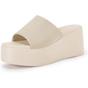 Coutgo Womens Platform Slides Sandals Square Open Toe Slip On Elastic Band Casual Lightweight Wedge Shoes(Khaki)