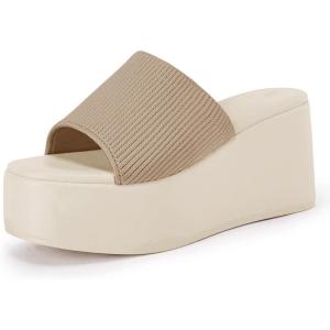 Coutgo Womens Platform Slides Sandals Square Open Toe Slip On Elastic Band Casual Lightweight Wedge Shoes(Light Khaki)