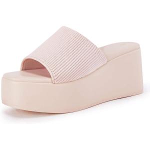 Coutgo Womens Platform Slides Sandals Square Open Toe Slip On Elastic Band Casual Lightweight Wedge Shoes(Nude Pink)