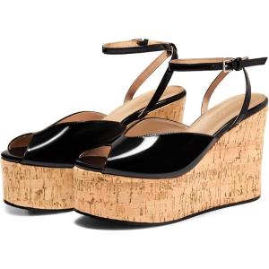 Coutgo Womens Platform Wedge Sandals Cork Dressy Peep Toe Ankle Buckle Strap High Heels Summer Shoes(Black)