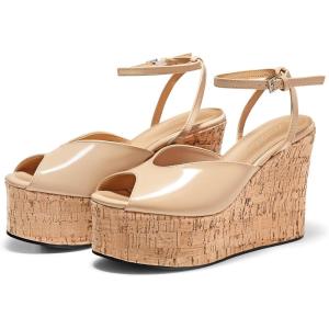Coutgo Womens Platform Wedge Sandals Cork Dressy Peep Toe Ankle Buckle Strap High Heels Summer Shoes(Khaki)