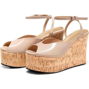 Coutgo Womens Platform Wedge Sandals Cork Dressy Peep Toe Ankle Buckle Strap High Heels Summer Shoes(Nude Pink)