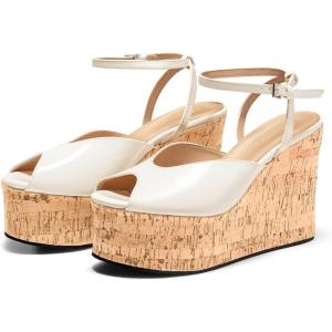Coutgo Womens Platform Wedge Sandals Cork Dressy Peep Toe Ankle Buckle Strap High Heels Summer Shoes(White)