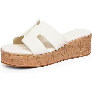 Coutgo Women’s Platform Wedge Sandals Open Toe Slip On Slides Cork Heeled Cutout Comfortable Summer Shoes(Beige)