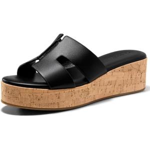 Coutgo Women’s Platform Wedge Sandals Open Toe Slip On Slides Cork Heeled Cutout Comfortable Summer Shoes(Black)