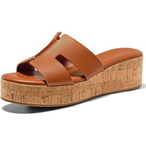 Coutgo Women’s Platform Wedge Sandals Open Toe Slip On Slides Cork Heeled Cutout Comfortable Summer Shoes(Brown)