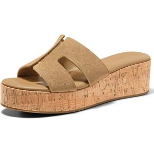 Coutgo Women’s Platform Wedge Sandals Open Toe Slip On Slides Cork Heeled Cutout Comfortable Summer Shoes(Coffee)