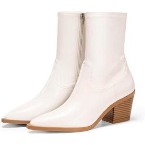 Coutgo Womens Pointed Toe Ankle Boots Chunky Stacked Heel Side Zipper Leather Fall Booties Shoes(Beige)