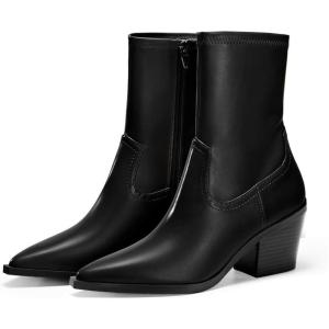 Coutgo Womens Pointed Toe Ankle Boots Chunky Stacked Heel Side Zipper Leather Fall Booties Shoes(Black)