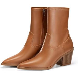 Coutgo Womens Pointed Toe Ankle Boots Chunky Stacked Heel Side Zipper Leather Fall Booties Shoes(Brown)