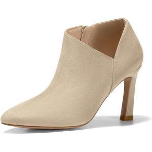 Coutgo Womens Pointed Toe V Cut Ankle Boots Kitten Heel Side Zip Office Booties(Beige)