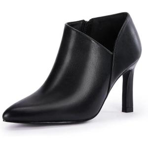 Coutgo Womens Pointed Toe V Cut Ankle Boots Kitten Heel Side Zip Office Booties(Black-pu)