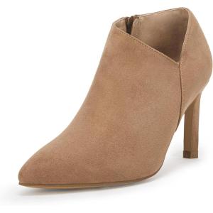 Coutgo Womens Pointed Toe V Cut Ankle Boots Kitten Heel Side Zip Office Booties(Light Brown)