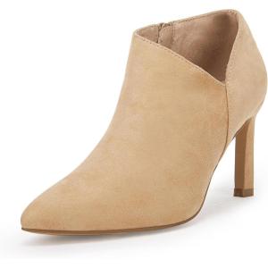 Coutgo Womens Pointed Toe V Cut Ankle Boots Kitten Heel Side Zip Office Booties(Light Khaki)