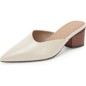 Coutgo Womens Pointed Toe V Cut Mules Chunky Block Heels Slip On Clogs Fashion Office Slides Shoes(Beige)