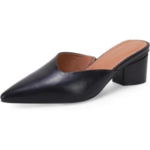 Coutgo Womens Pointed Toe V Cut Mules Chunky Block Heels Slip On Clogs Fashion Office Slides Shoes(Black)