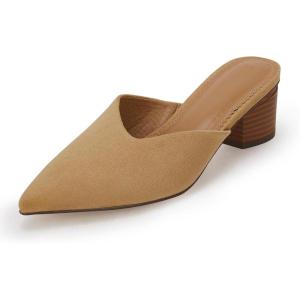 Coutgo Womens Pointed Toe V Cut Mules Chunky Block Heels Slip On Clogs Fashion Office Slides Shoes(Khaki)